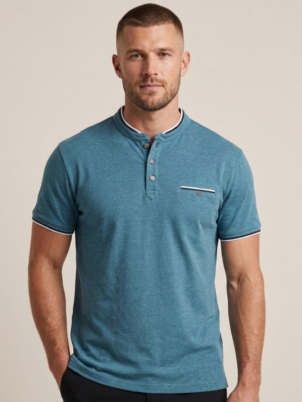 Scott James Men’s Blue Henley Polo Shirt - Short Sleeve - Size XL